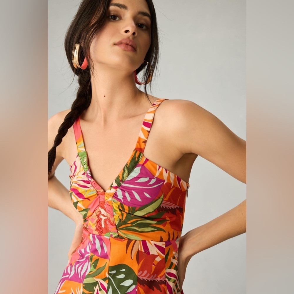 Anthropologie Maeve Printed Ruched Mini Dress, Size 12 - Picture 3 of 13